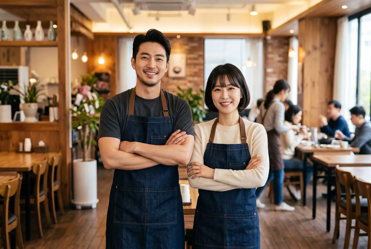 식당 안에서 팔짱을 끼고 웃는 사장님 두 분
